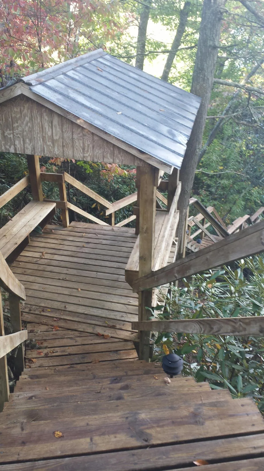 Metal roofed shelter over wooden steps on a wooded walkway — Skylight Repair & Installation work by our crew in Cataldo